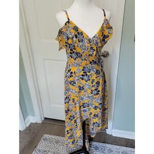 Iz Byer Mustard Yellow Navy Blue Floral High-Low Ruffle Sundress Size S, Summer